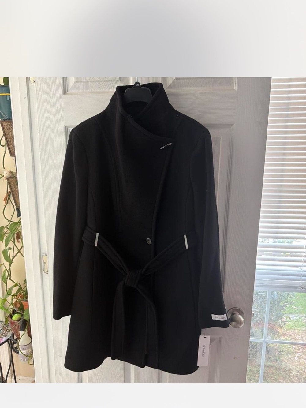 Calvin Klein Black Belted Funnel Collar Trench Coat